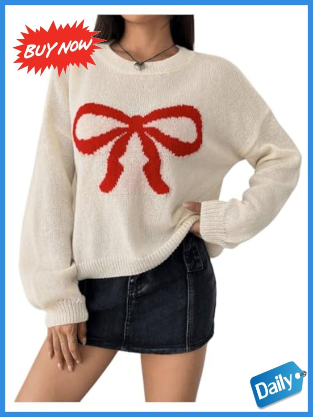 Lightweight Bow Knit Graphic Pullover Sweater Crew Neck Fall Top
